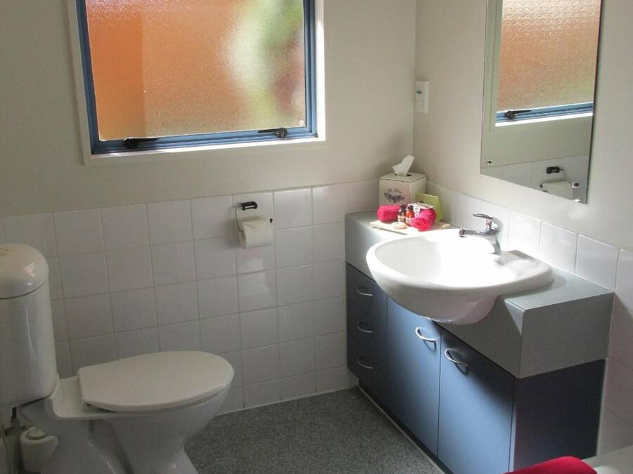Un baño pequeño con inodoro, lavamanos y espejo.