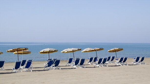 Une plage bordée de rangées de chaises longues bleues et de parasols jaunes.