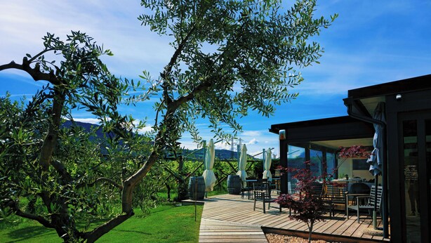 A wooden deck leading to a covered outdoor seating area with tables and chairs, surrounded by greenery and a clear sky.