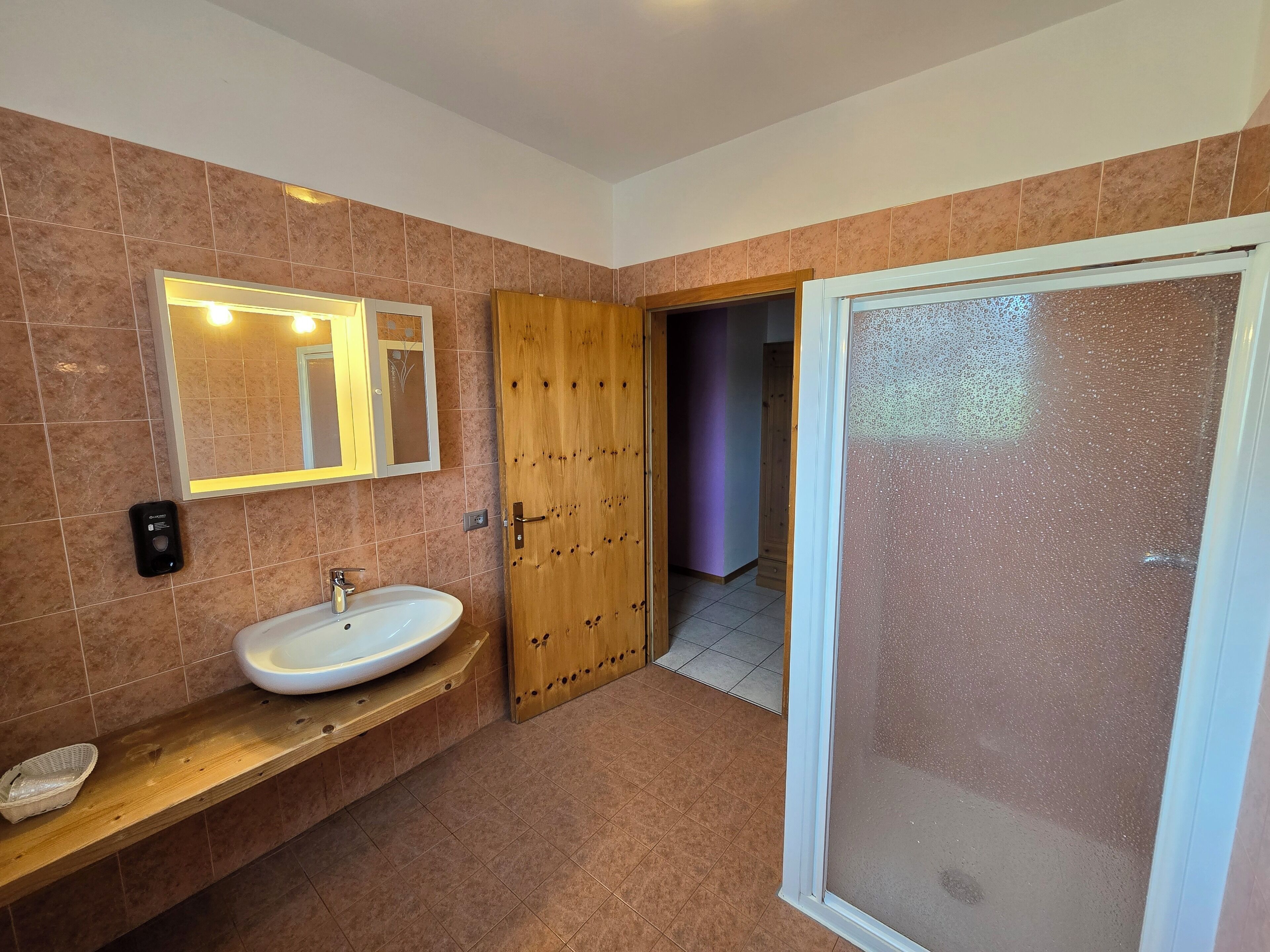 Un baño con lavamanos, espejo y puerta de madera.