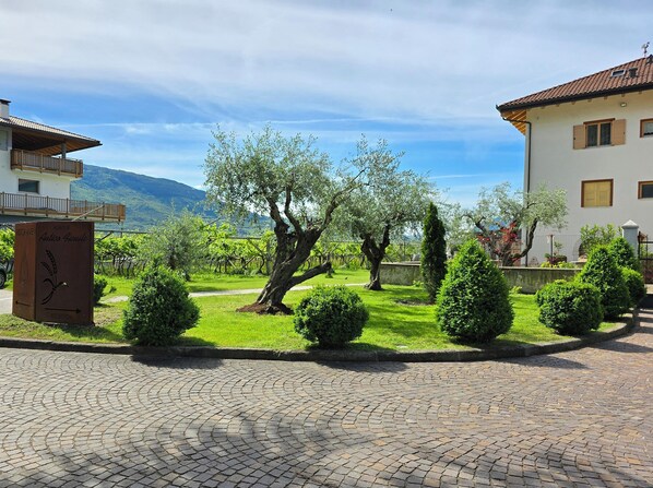 Viñedo con zona de recepción, patio empedrado y edificio de techo a tejas.