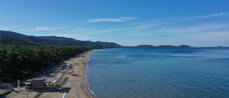Private beach, sun-loungers, beach umbrellas, windsurfing