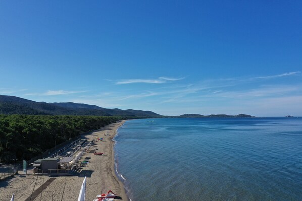 Plage privée, chaises longues, parasols, planche à voile