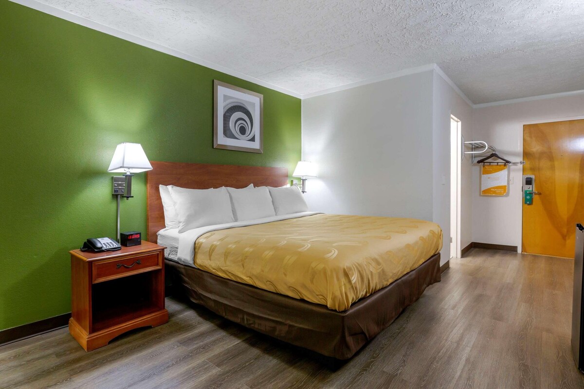 A hotel room with a bed, bedside lamps, a telephone, a wooden nightstand, a green wall, a framed picture, and a wooden door.