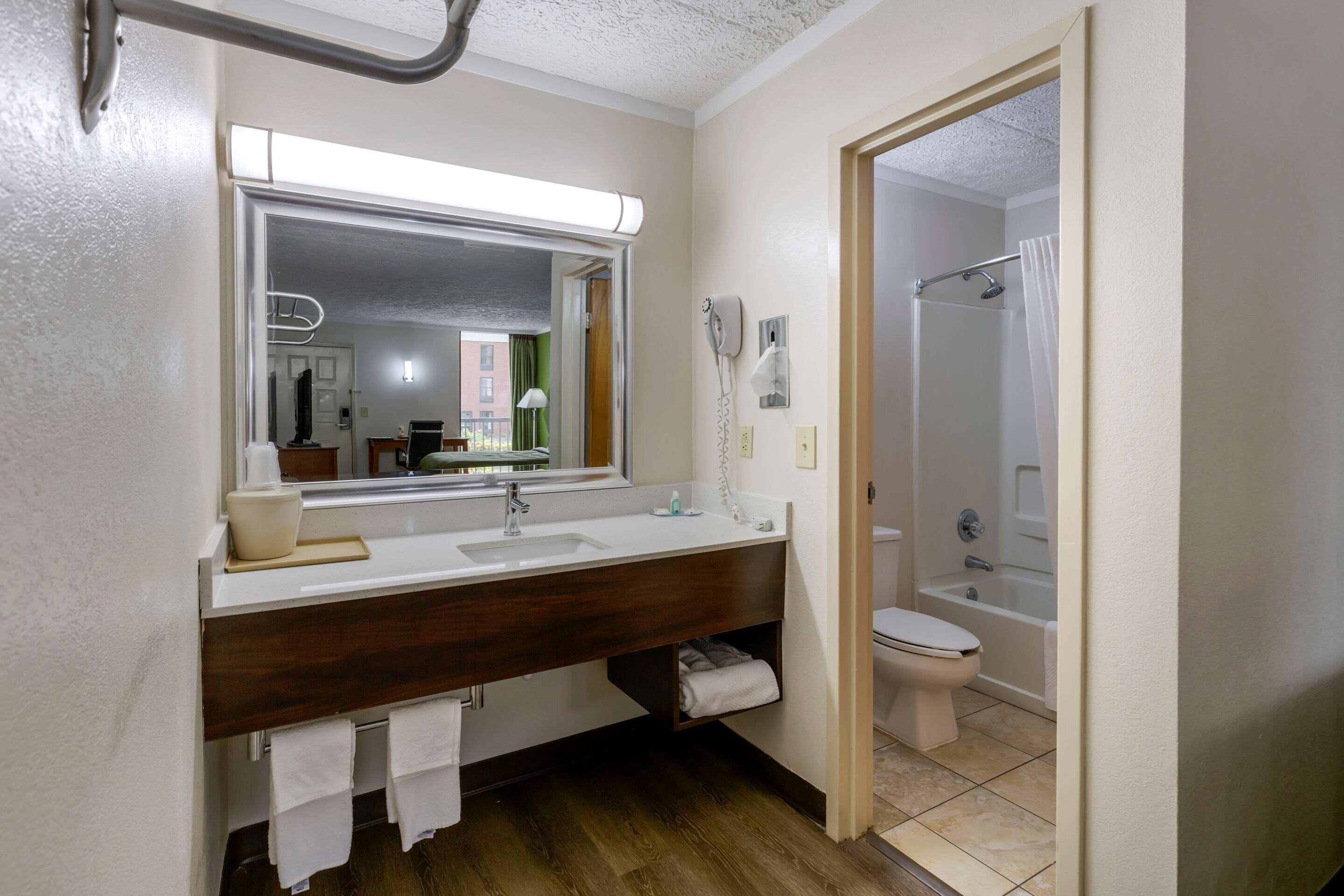 Un baño con tocador de madera, un espejo grande, inodoro y ducha.
