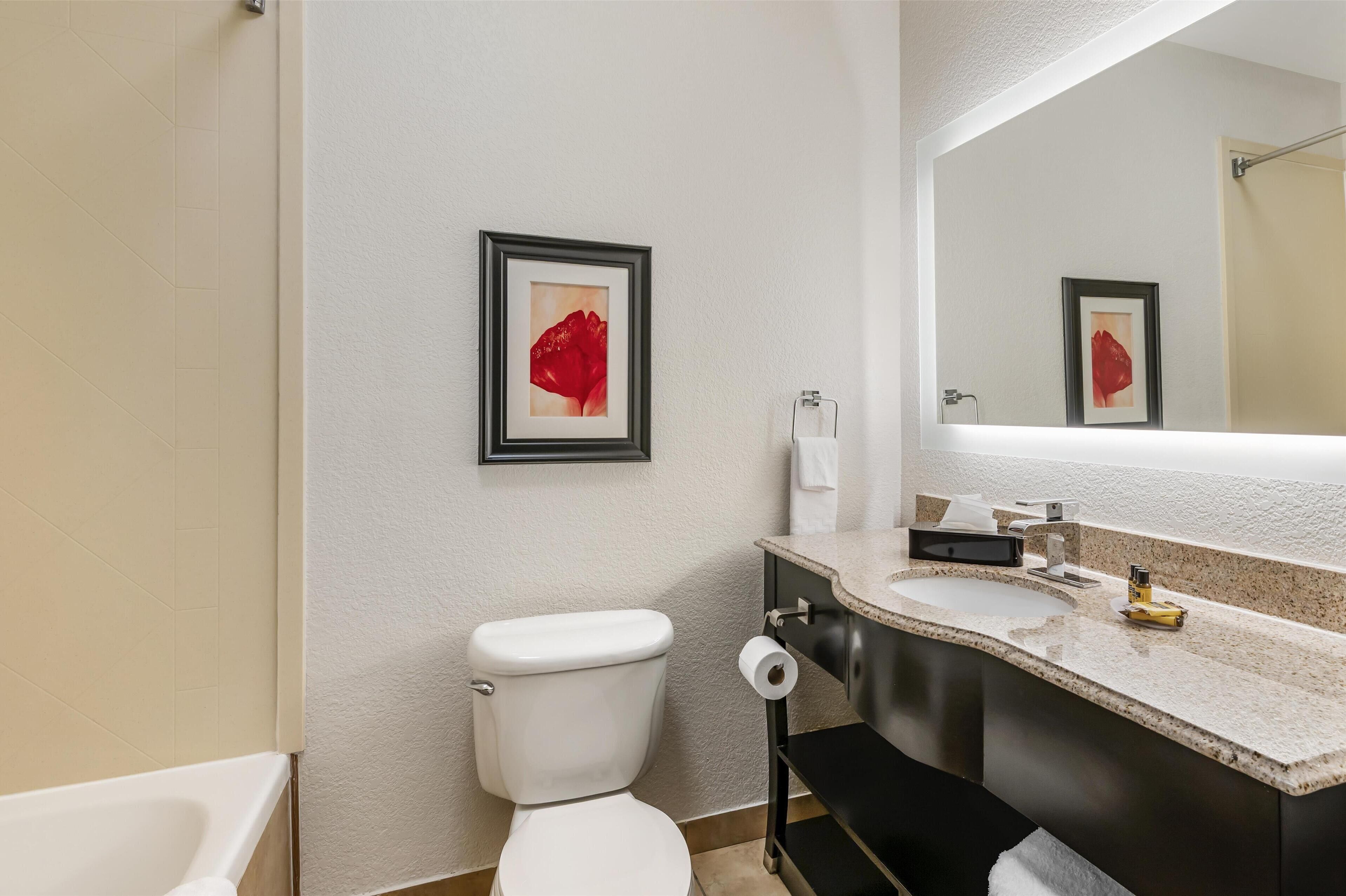 combined shower/bathtub, hydromassage showerhead, free toiletries