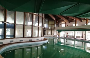 A large indoor swimming pool with a curved design, surrounded by multiple windows and a green ceiling. - Delberg Palace Hotel (Pizzoferrato)