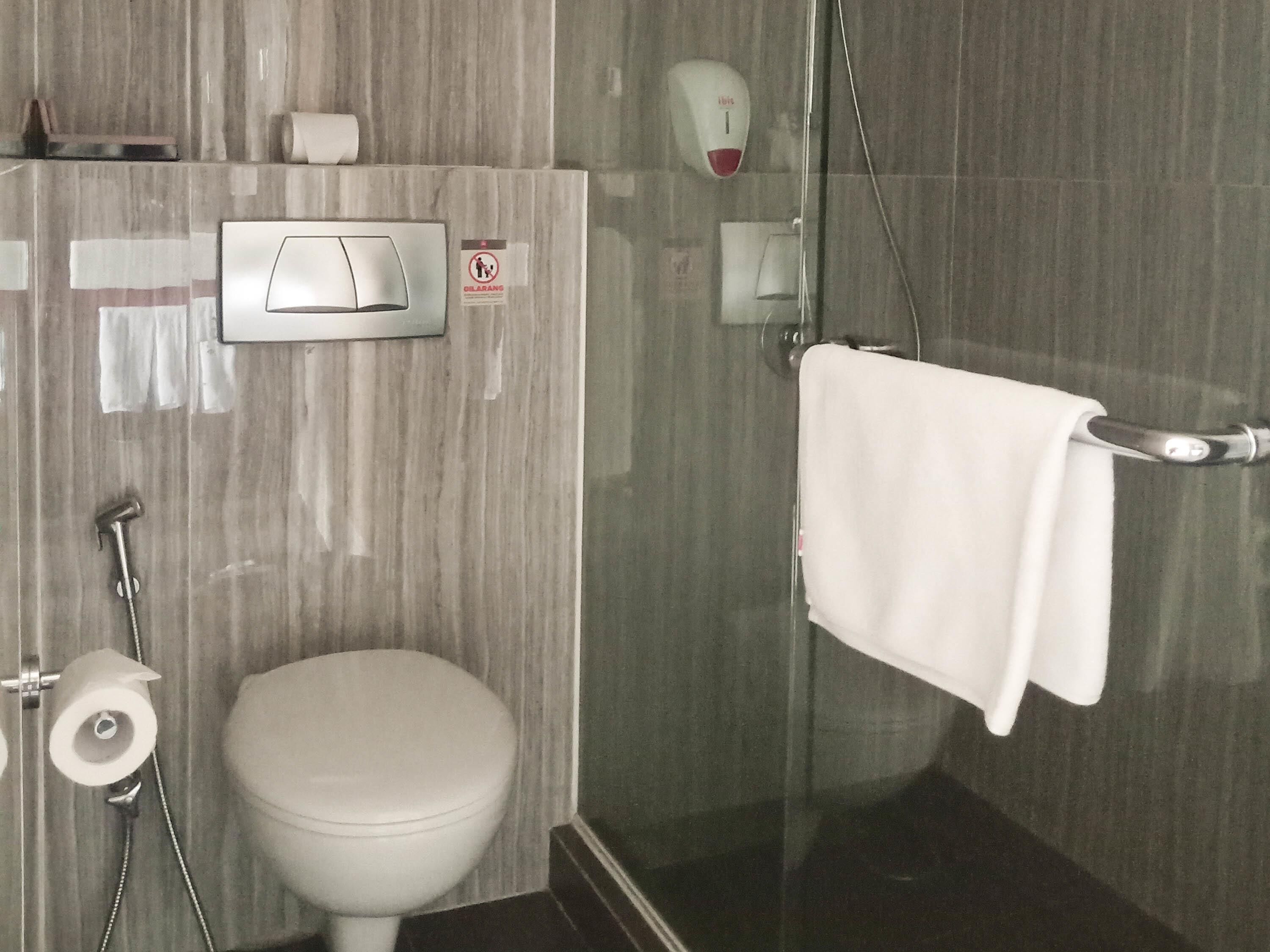 Ein Badezimmer mit Toilette, Dusche und Handtuchhalter.