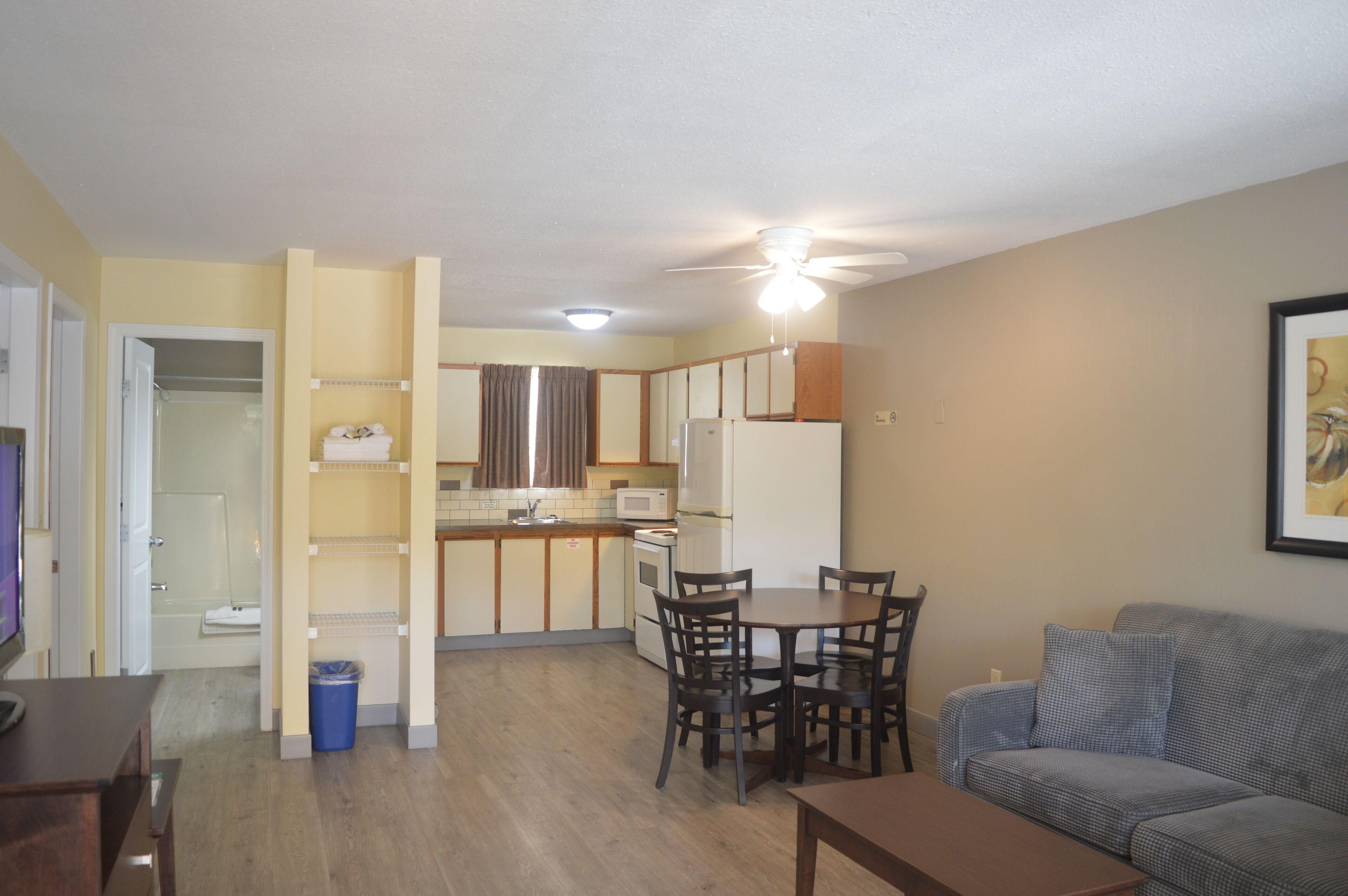 A compact living space with a kitchenette, dining area, and a sofa.