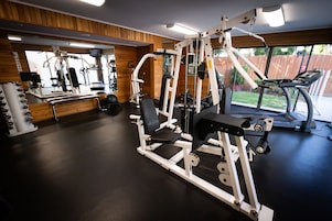 A gym with various exercise equipment, a mirrored wall, and a view of a backyard.