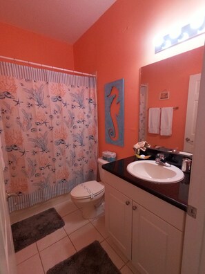 Ensemble douche/baignoire, articles de toilette gratuits, sèche-cheveux