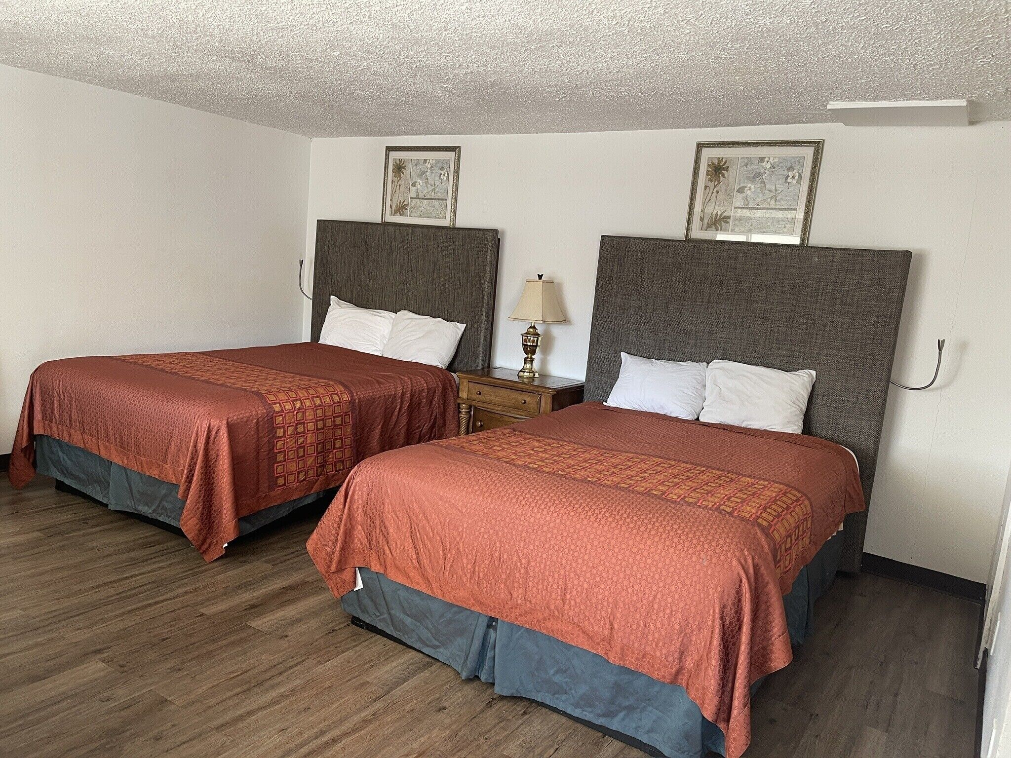 A hotel room with two beds, each with a headboard and a matching bedspread. There is a nightstand with a lamp between the beds.