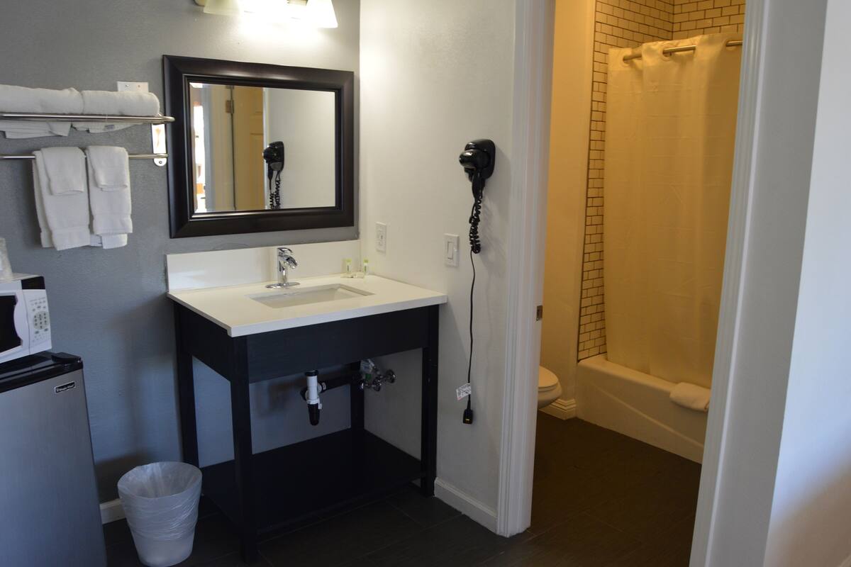 A bathroom with a sink, mirror, hairdryer, and shower curtain.