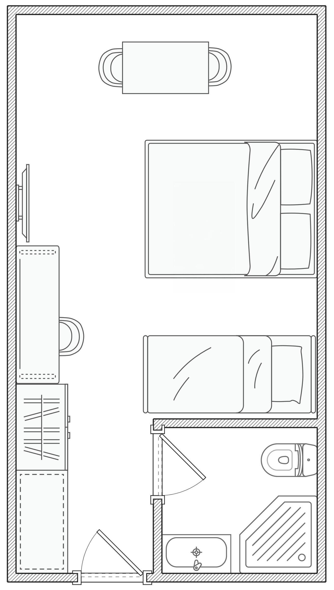 A floor plan of a hotel room with a bed, a desk, a chair, a wardrobe, and a bathroom.