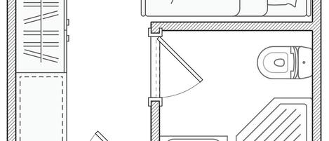 A floor plan of a hotel room with a bed, a desk, a chair, a wardrobe, and a bathroom.