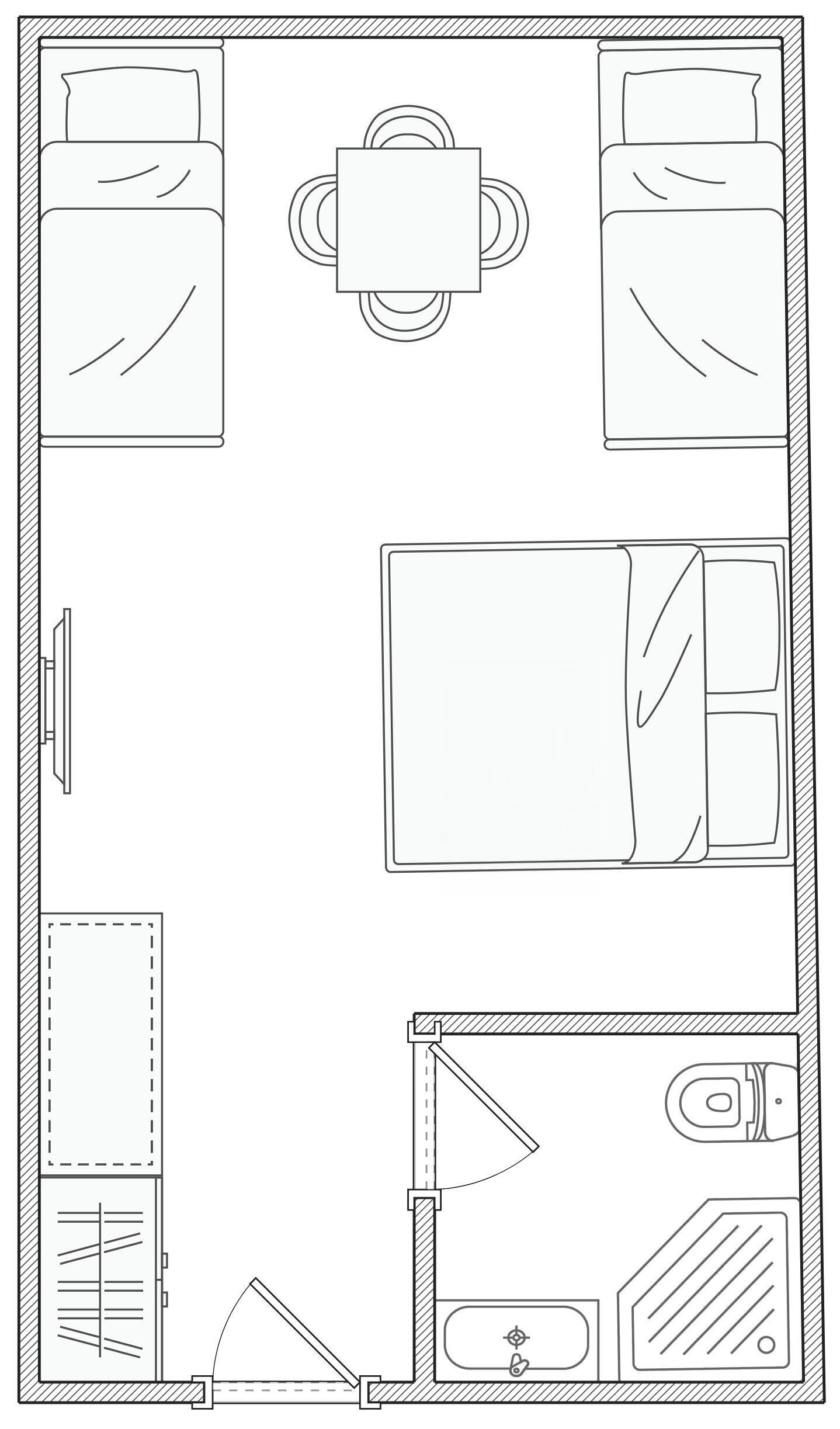 A floor plan of a hotel room with two beds, a desk, a chair, a wardrobe, and a bathroom.