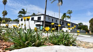 A modern two-story building with a flat roof and a white facade, surrounded by palm trees and yellow flowers. - Ballina Homestead Motel (Ballina)