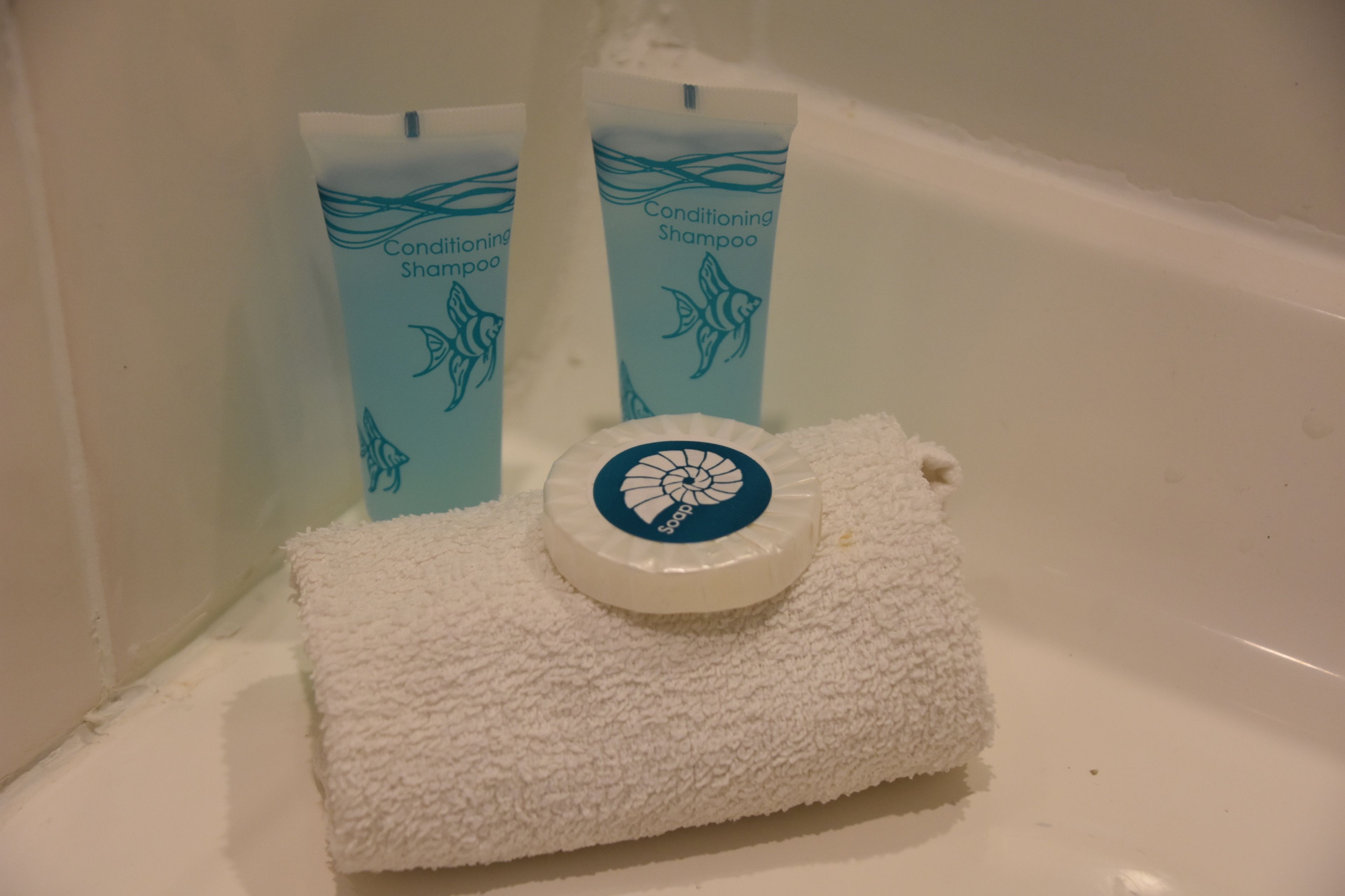 A bathroom with a white bathtub, two bottles of conditioning shampoo, and a white towel with a soap dish.