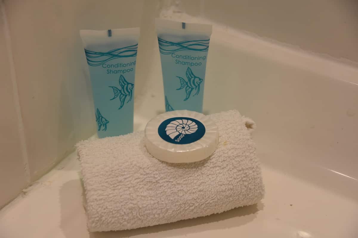 Ein Badezimmer mit einer weißen Badewanne, zwei Flaschen pflegendem Shampoo und einem weißen Handtuch mit Seifenschale.