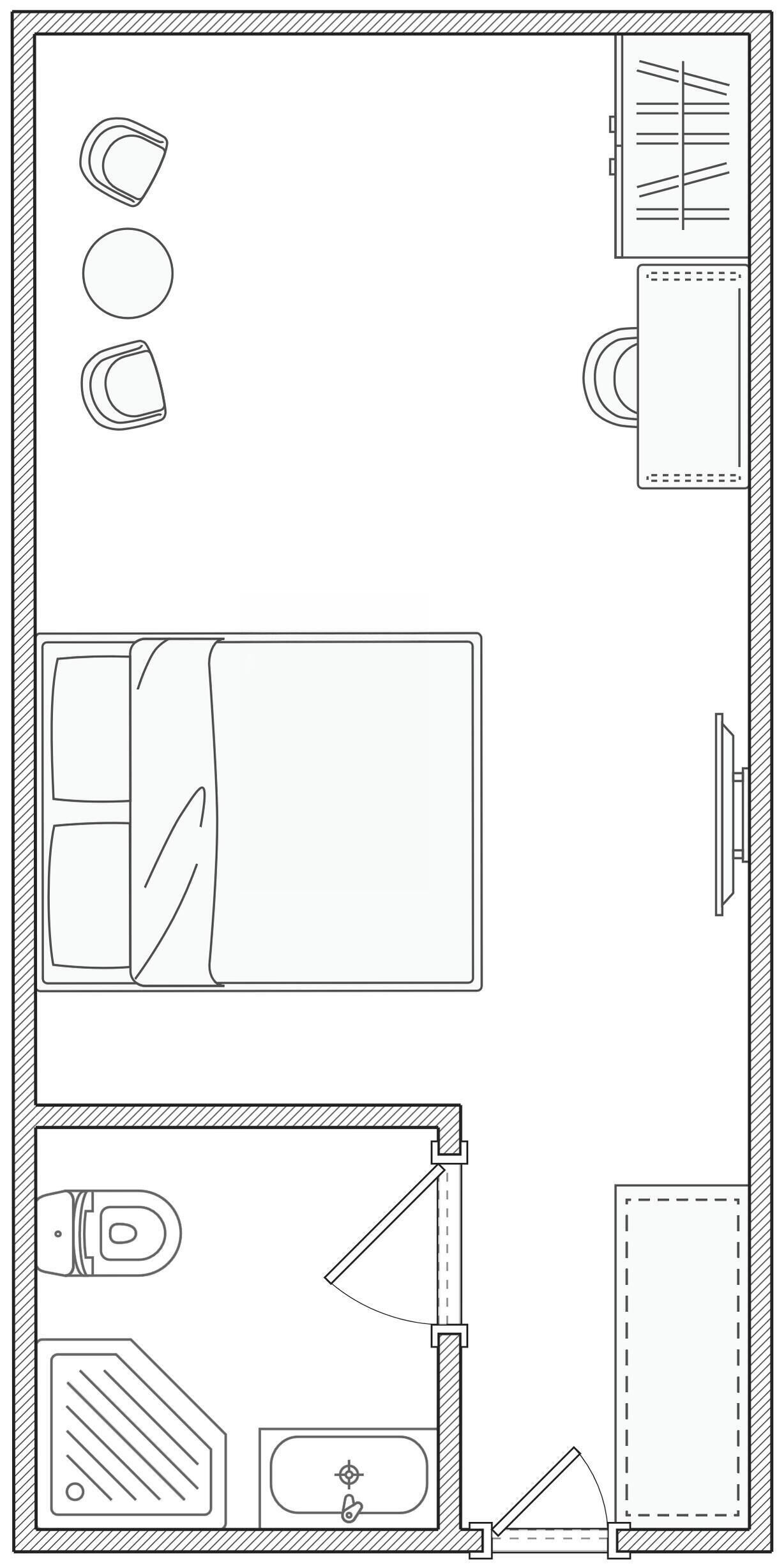 Een plattegrond met een bed, een bureau, een stoel, een kleine badkamer en een kast.