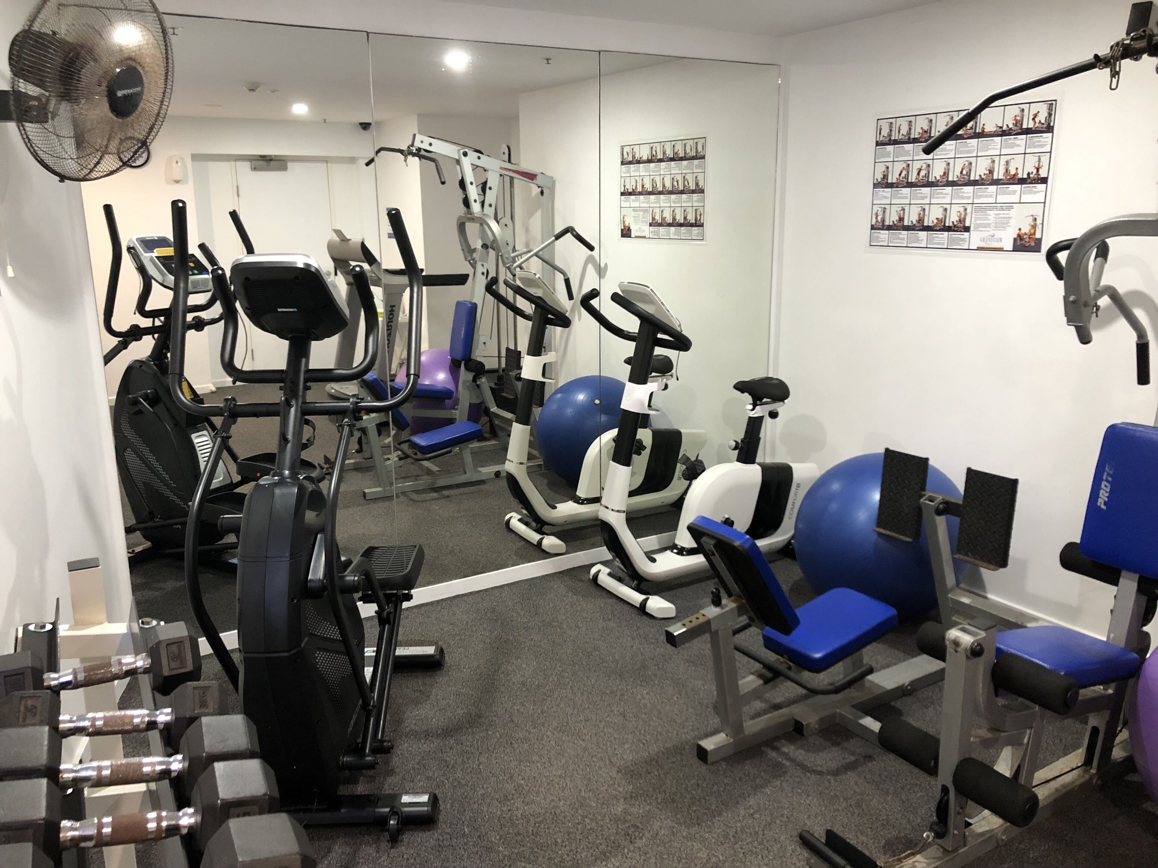 Ein Fitnessstudio mit verschiedenen Trainingsgeräten, darunter Laufbänder, Ergometer und Kraftgeräte.