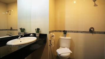 A bathroom with a sink, mirror, toilet, and shower.