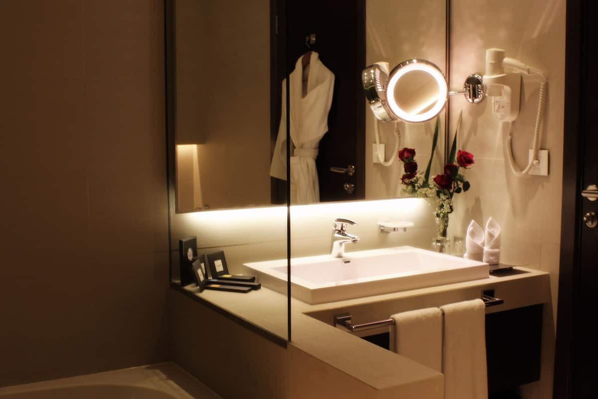 combined shower/bathtub, free toiletries, hair dryer, bathrobes