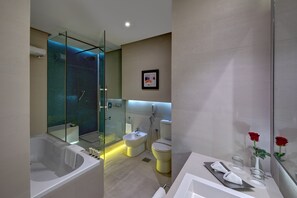 Combined shower/bathtub, free toiletries, hair dryer, bathrobes