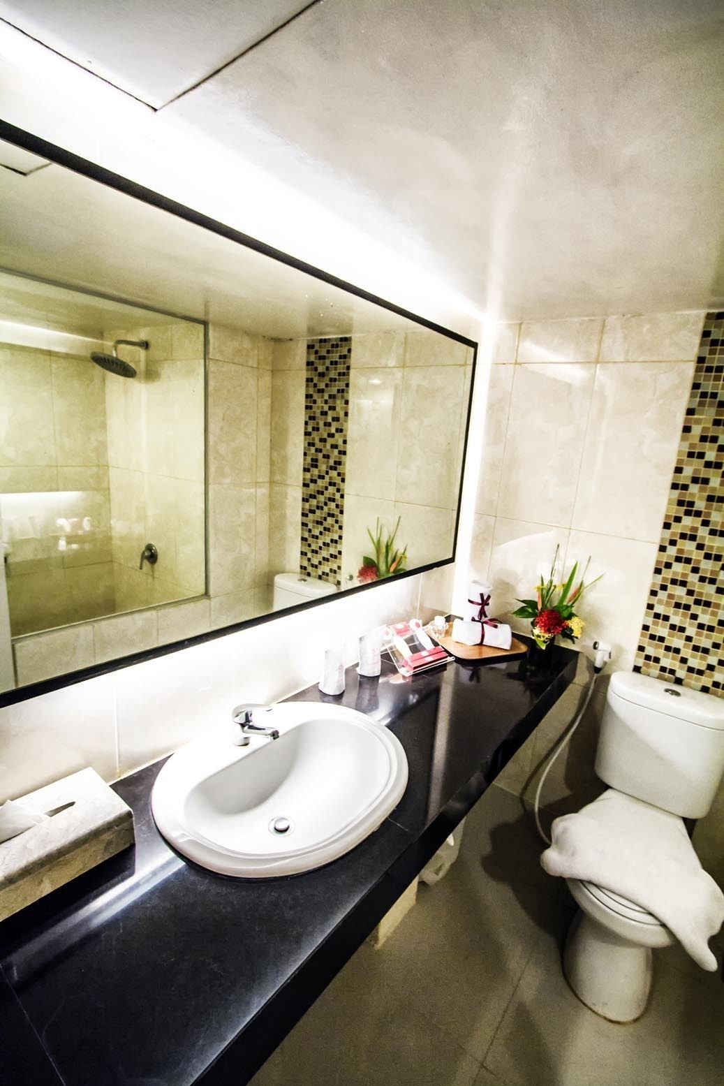 A modern bathroom with a large mirror, a white sink, and a toilet.