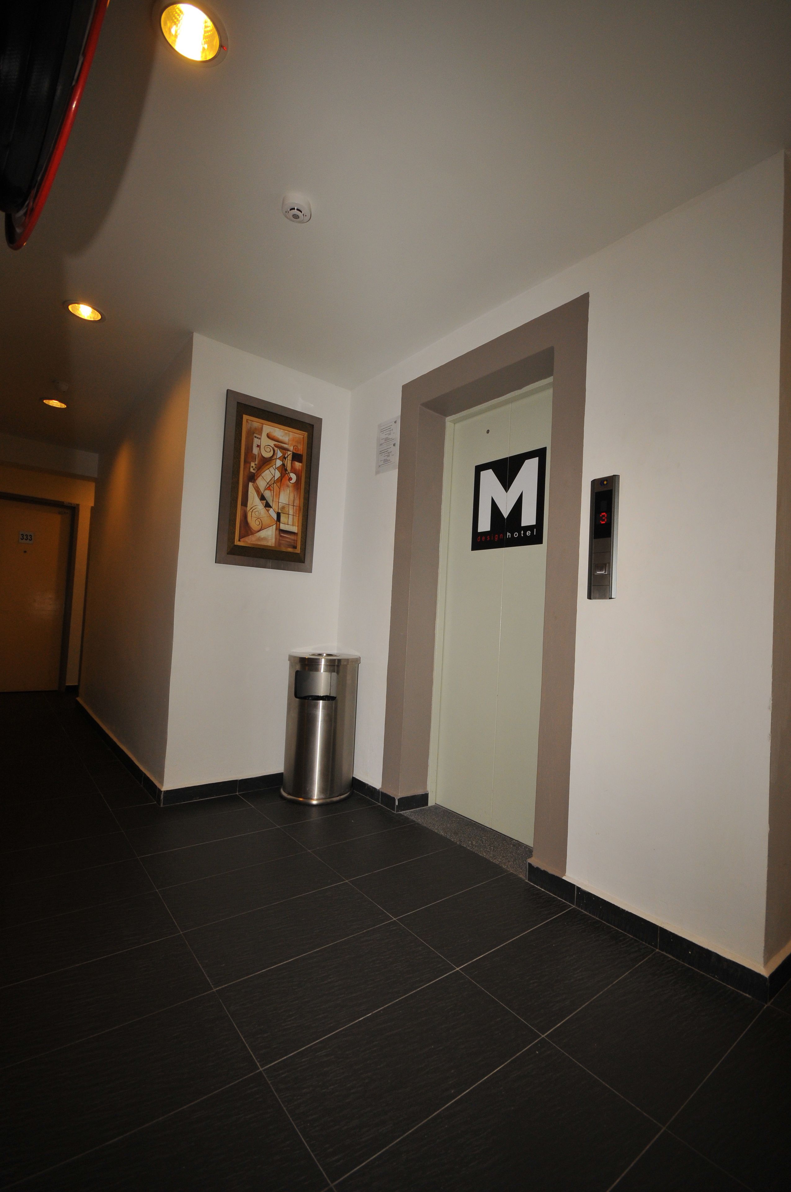 A hallway with a trash bin, a framed artwork, and an elevator with a 'M' sign.