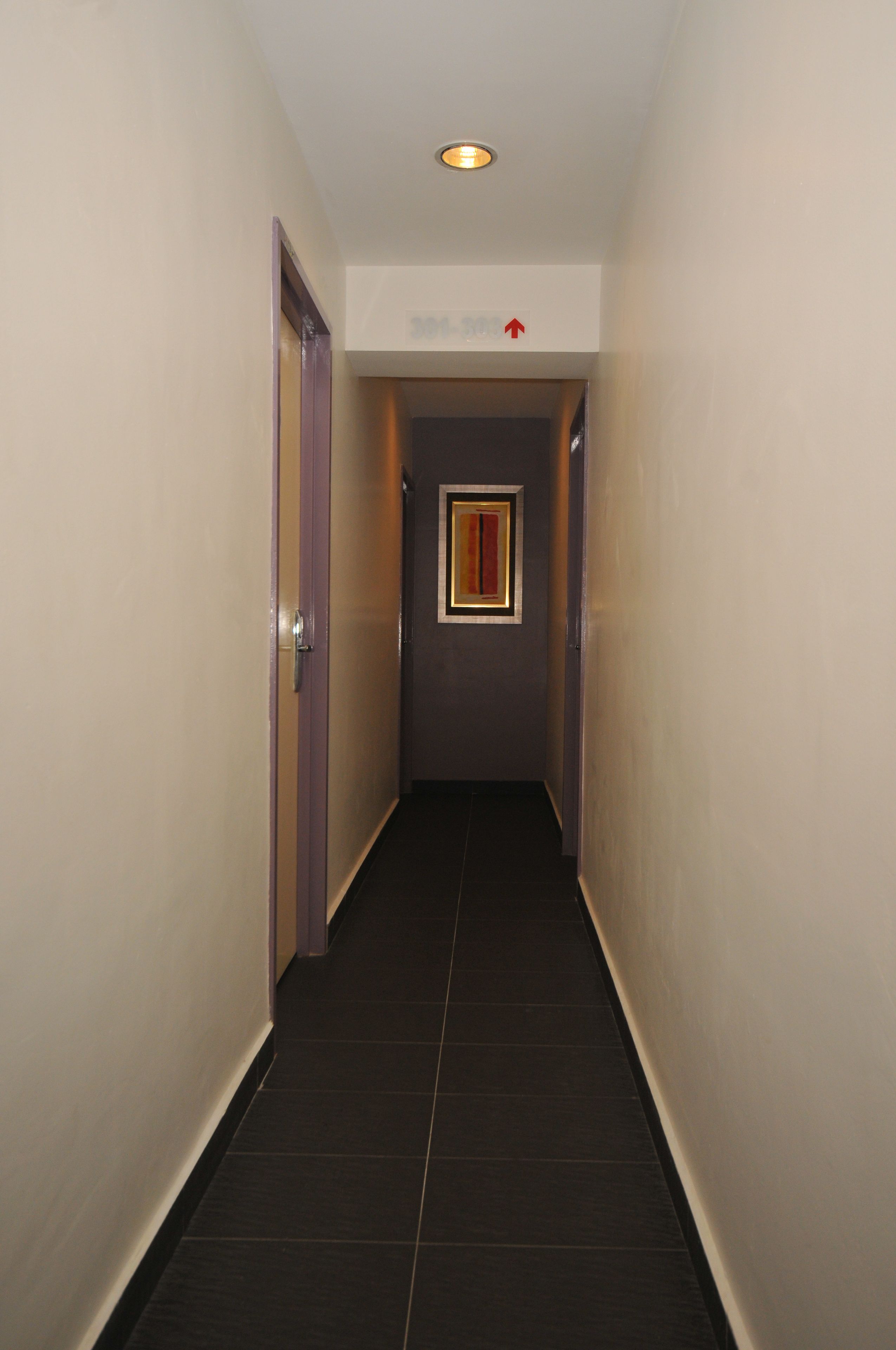 A narrow hallway with a door on the left, a red arrow sign on the ceiling, and a framed picture on the wall.
