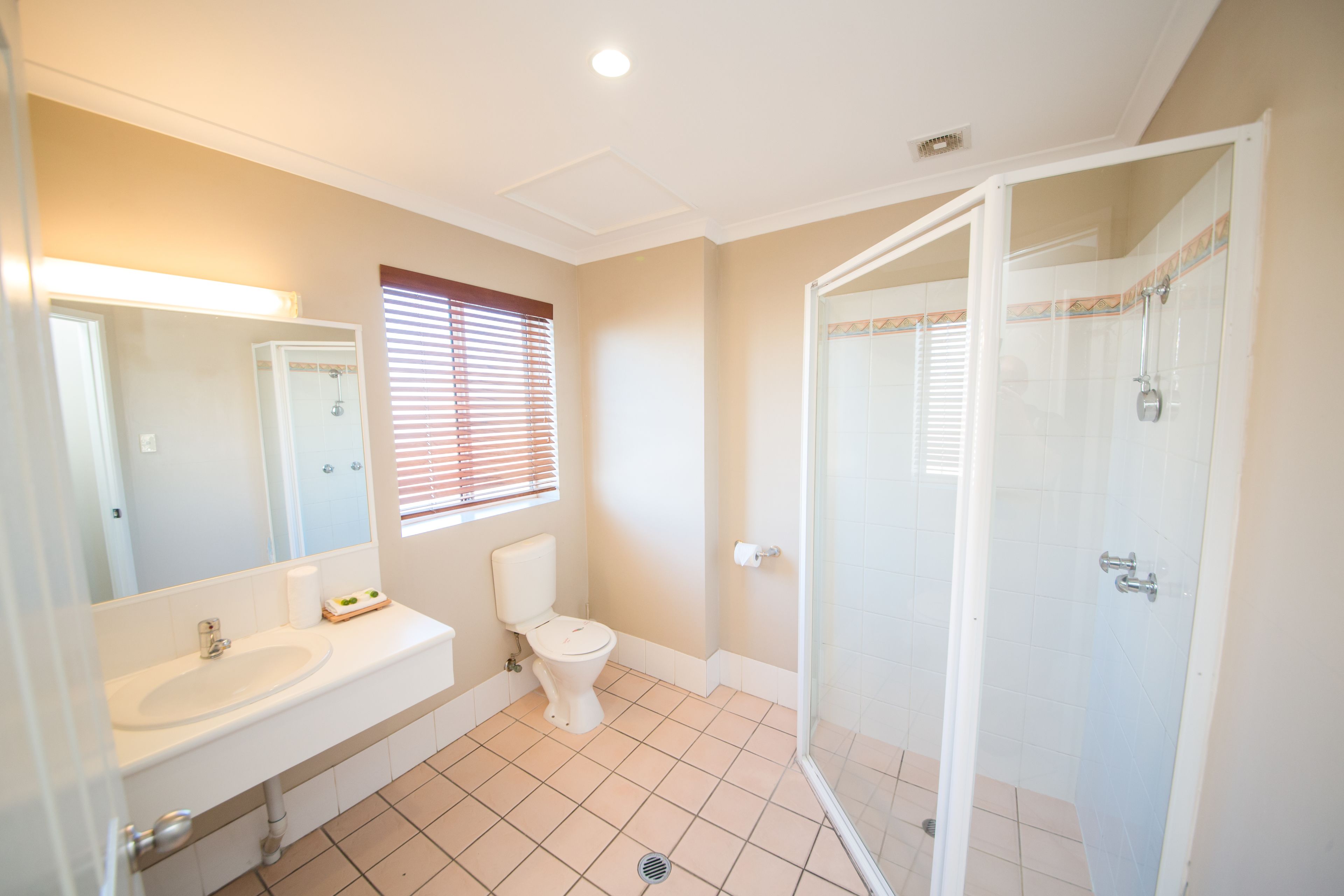 A bathroom with a sink, toilet, and glass-enclosed shower.