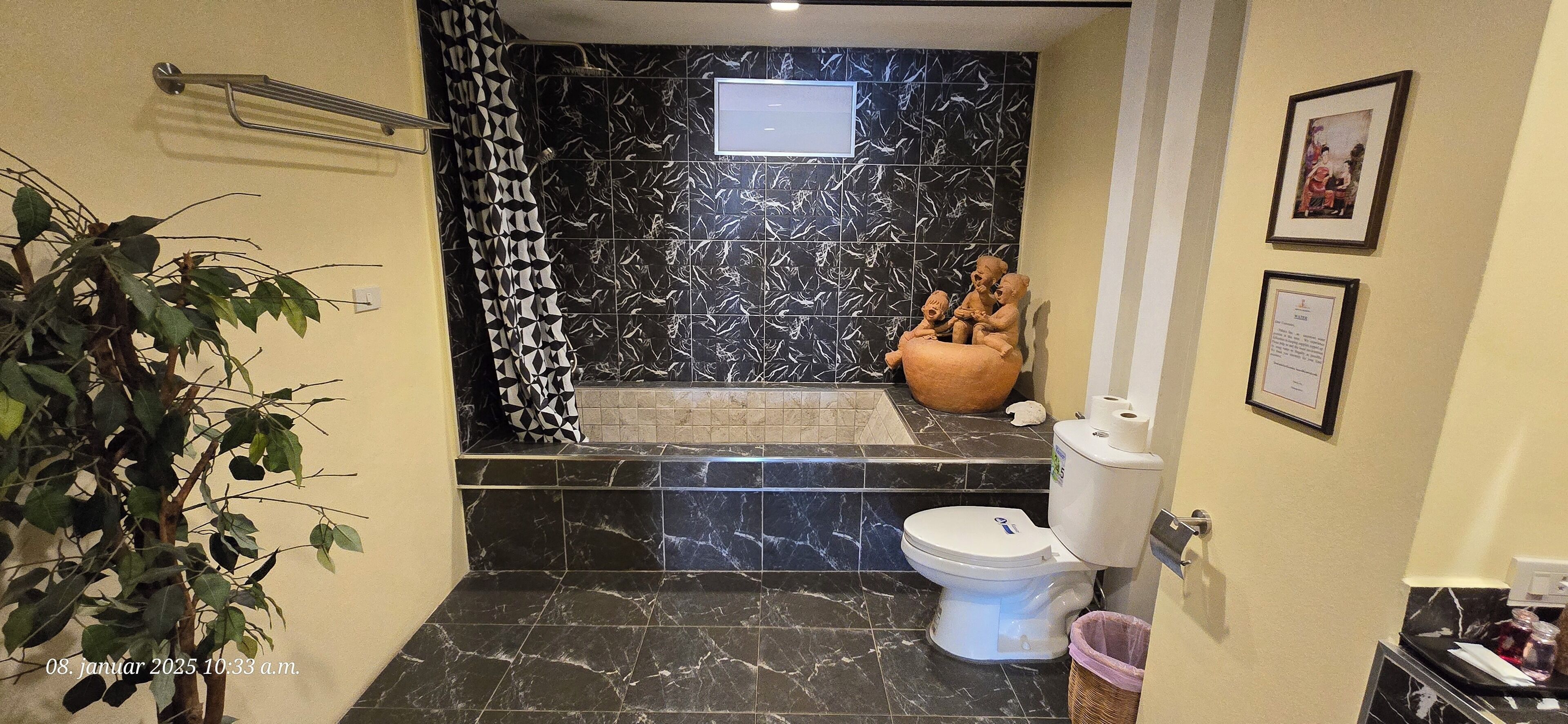 A bathroom with a toilet, a bathtub, and a shower area.