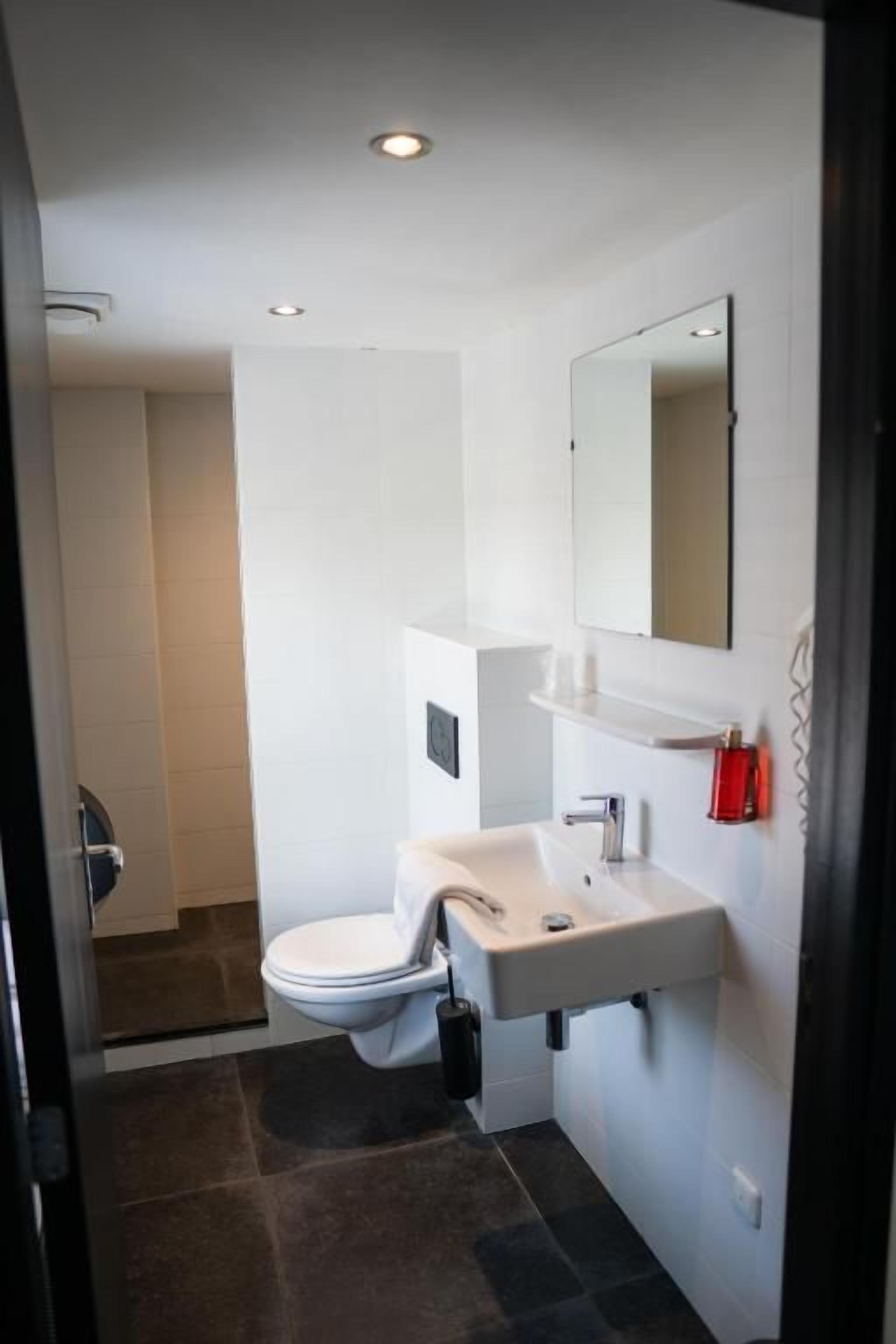 Et stilfuldt badeværelse med toilet, vask og spejl.