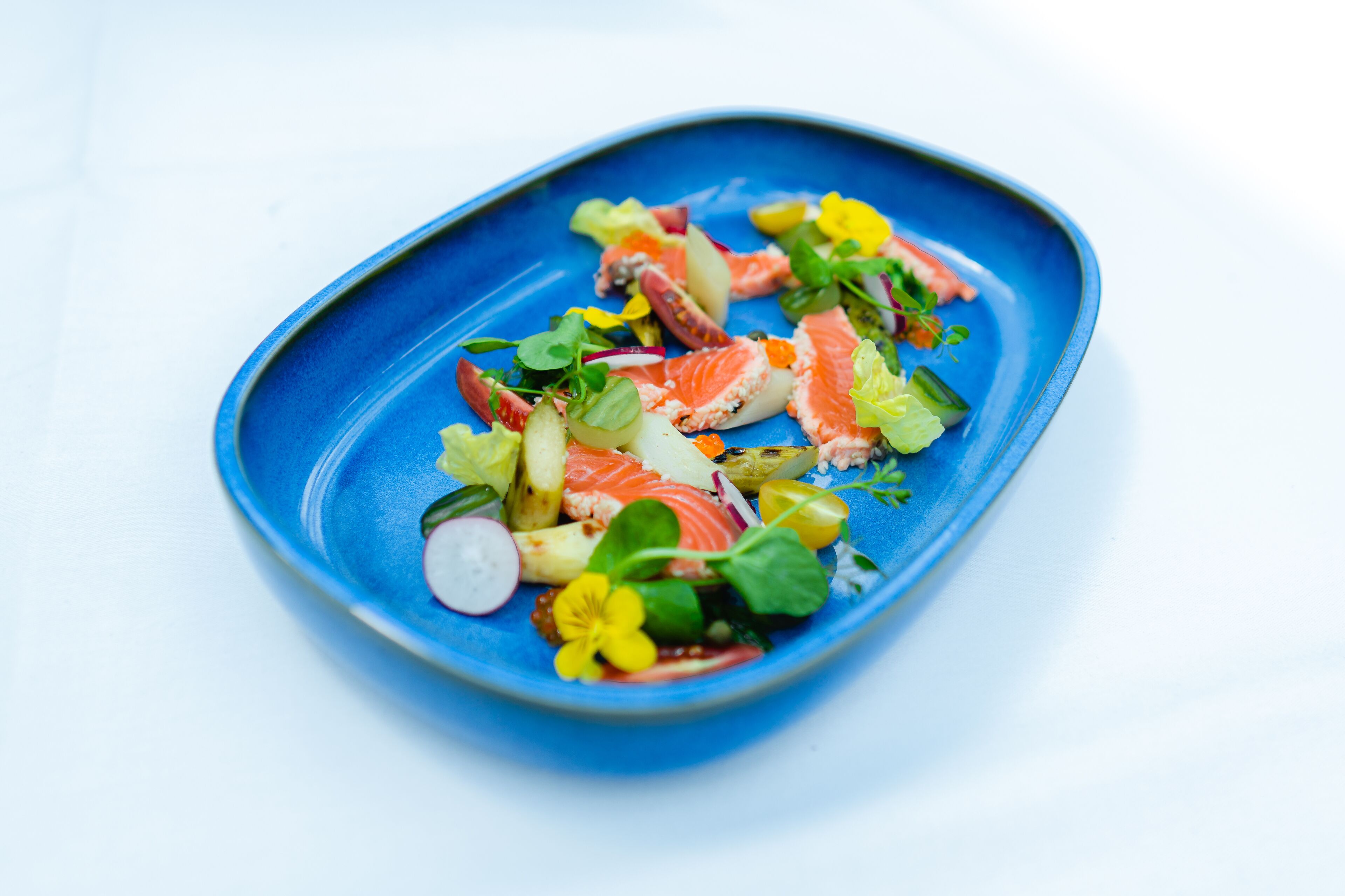A blue plate with a salad containing salmon, radishes, and greens.