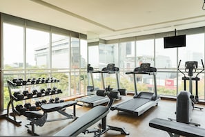 A gym with treadmills, dumbbells, and a bench.