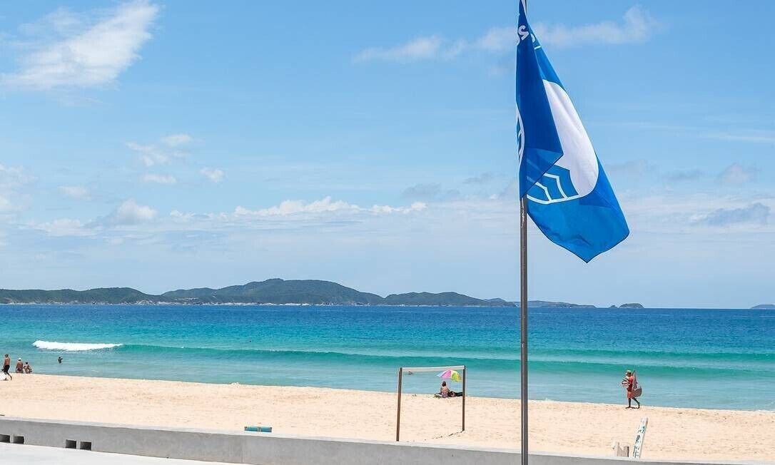 Una playa con una bandera, cielo azul despejado y montañas a lo lejos.