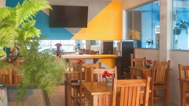 Un restaurante con mesas y sillas de madera, una planta grande al frente, y una decoración moderna que incluye una pantalla de televisión grande y arte mural geométrico.