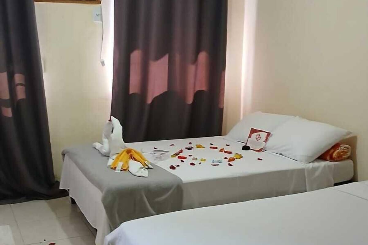 A hotel room with two beds, a ceiling fan, and a small table with a decorative item.
