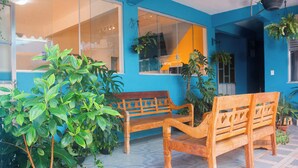 Una habitación con pared azul, bancos de madera y plantas en macetas.