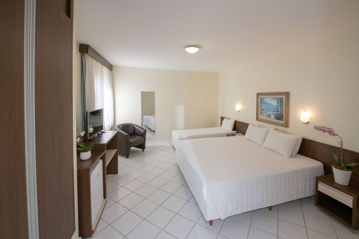 Hotelkamer met twee bedden, een bureau, een stoel, een televisie en een potplant.