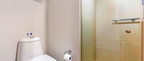A bathroom with a toilet, a shower, and a glass door.