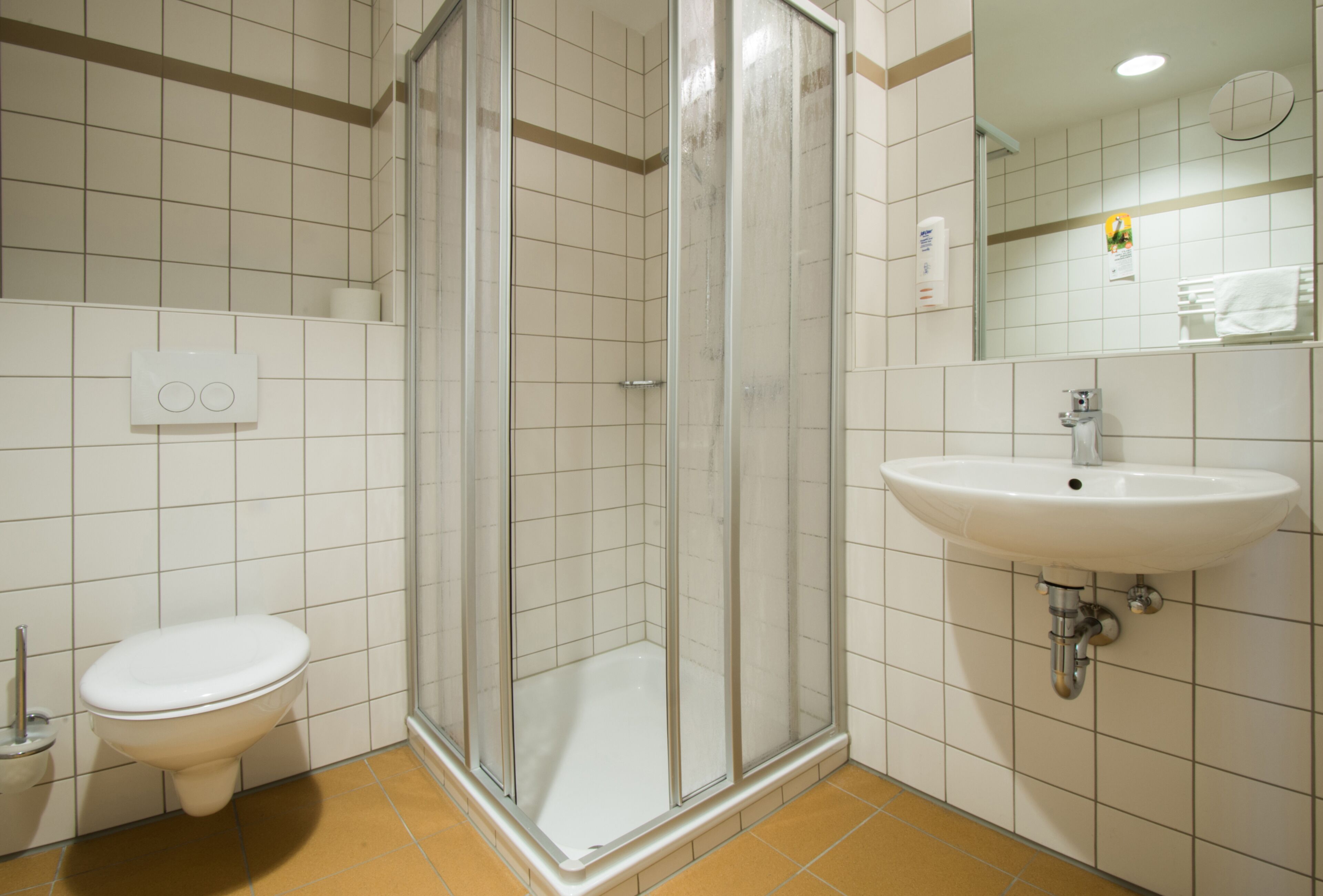 deluxe double room | bathroom | shower, hair dryer, towels