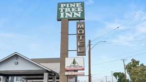 A motel sign with 'Pine Tree Inn' and 'Motel' text, and a smaller sign below stating 'Pine Tree Inn Under New Management'. - Pine Tree Inn (Medford)