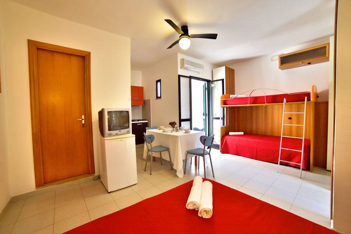 A compact room with a bed, a desk, a chair, a television, and a red carpet.