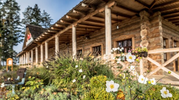 Una cabaña rústica de troncos con un porche, rodeada de un jardín con diversas flores.