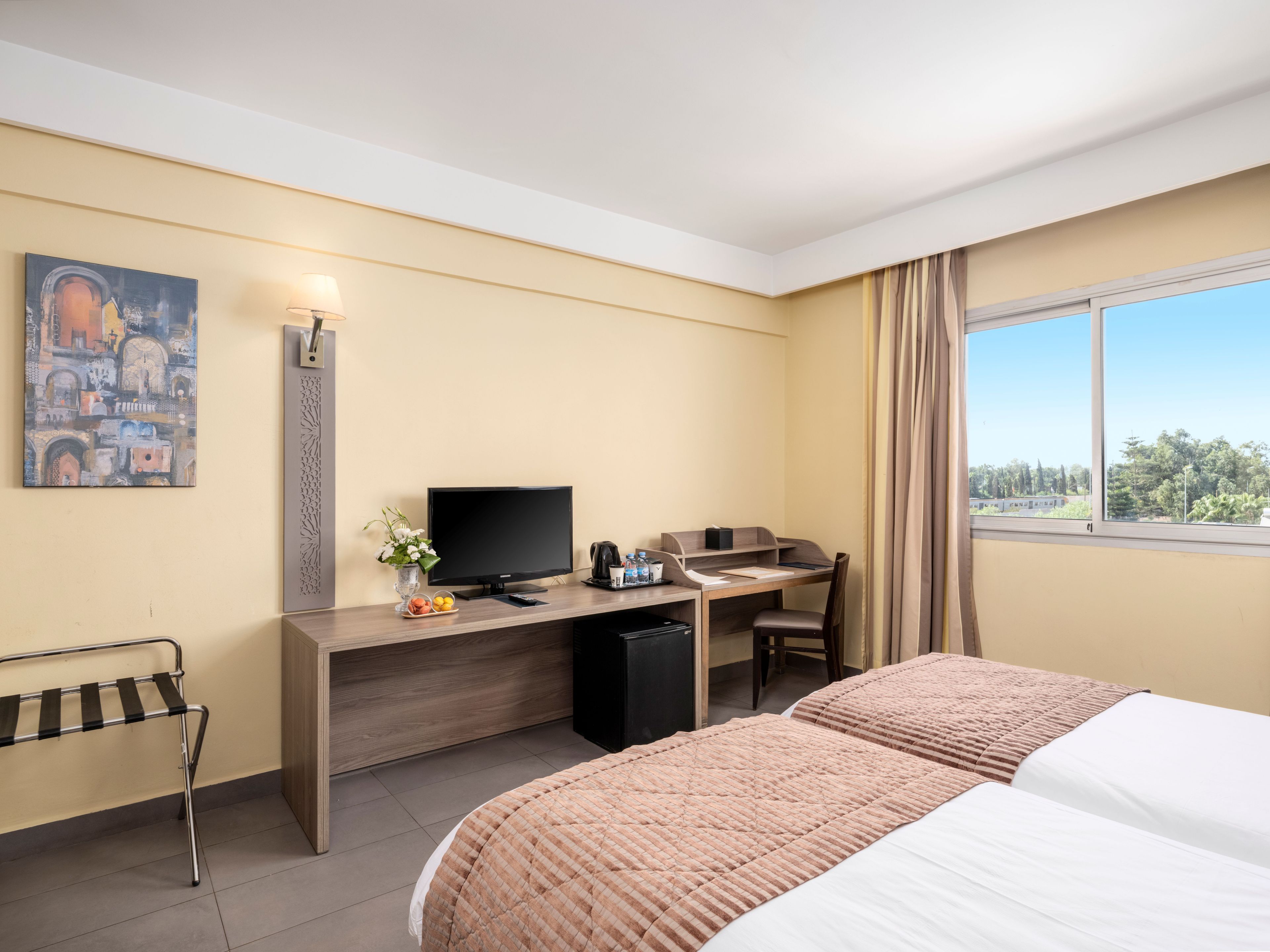 Habitación de hotel con cama, escritorio, televisor, refrigerador pequeño y ventana con vista.