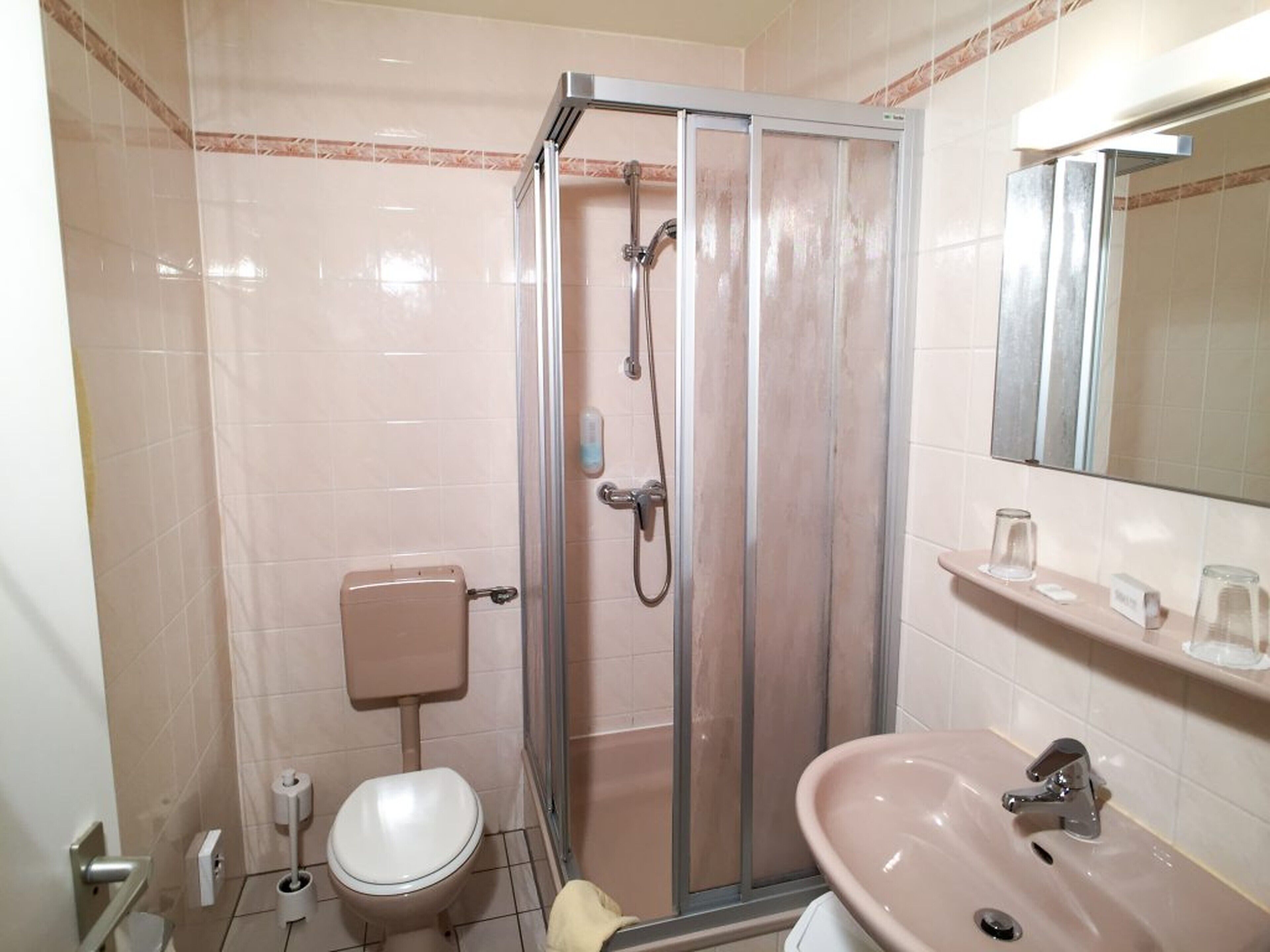 Un baño con ducha envuelta en vidrio, inodoro y lavamanos con espejo.