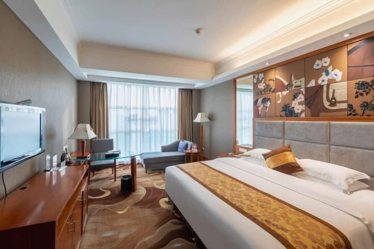 Habitación de hotel con una cama grande, un escritorio con televisión de pantalla plana, una silla, un sofá y una ventana con cortinas.