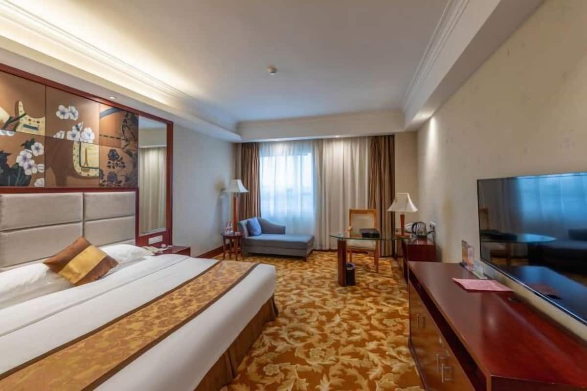 Una habitación de hotel con una cama grande, un escritorio, un televisor y un sofá.